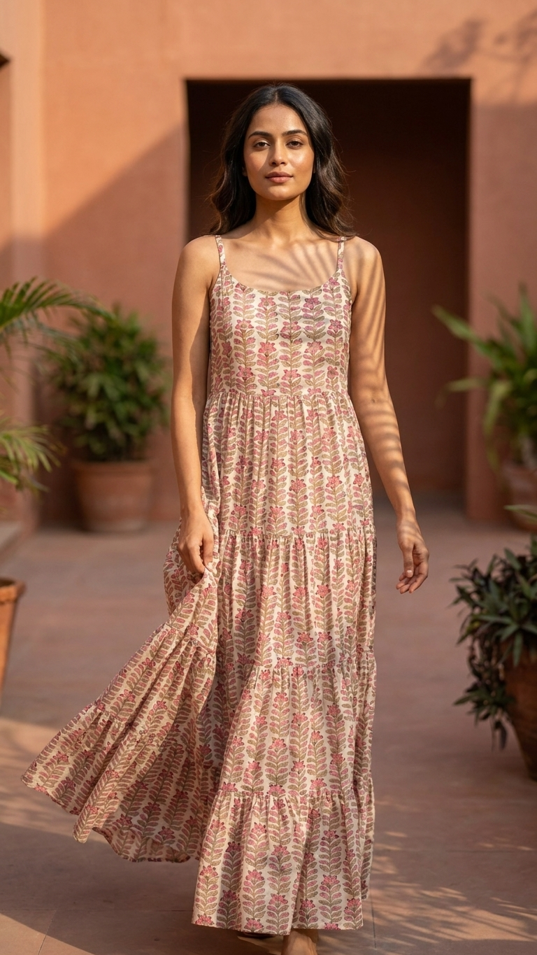 Pink Floral Vertical Boho Dress