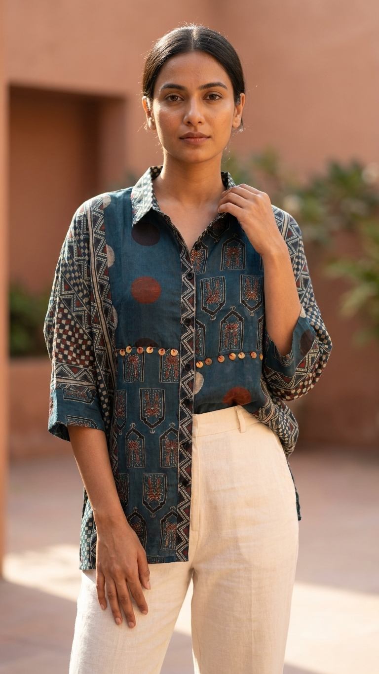 Ajrakh Blue Crepe Shirt