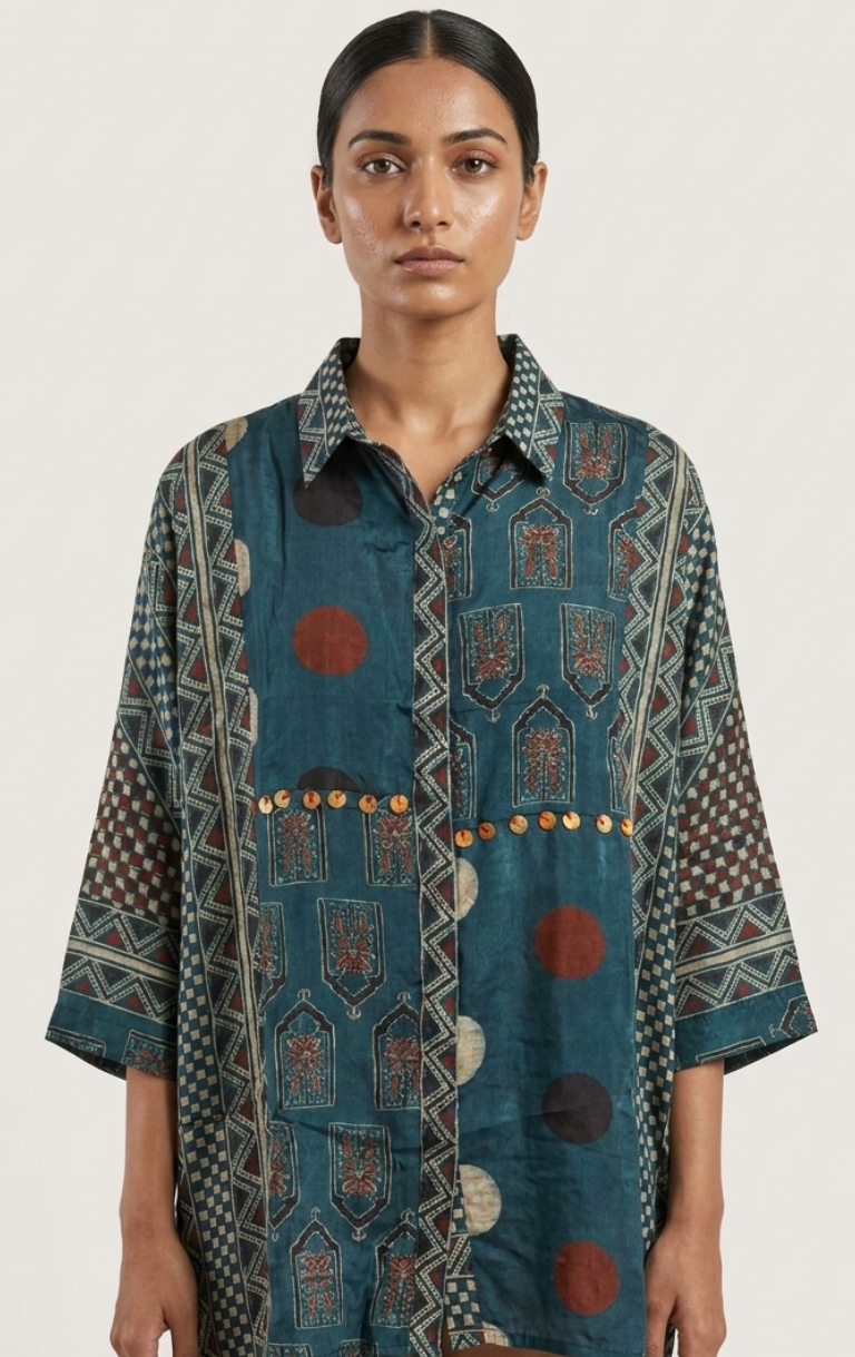 Ajrakh Blue Crepe Shirt