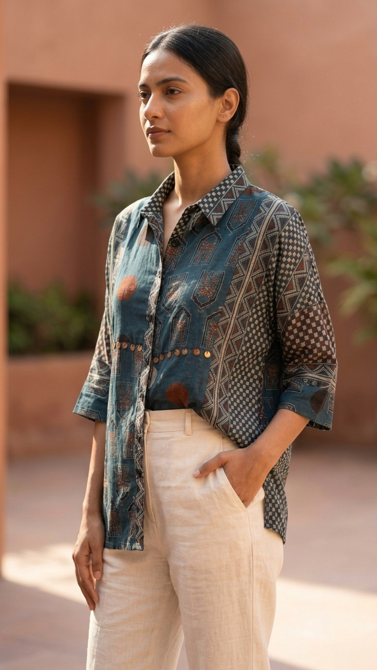 Ajrakh Blue Crepe Shirt