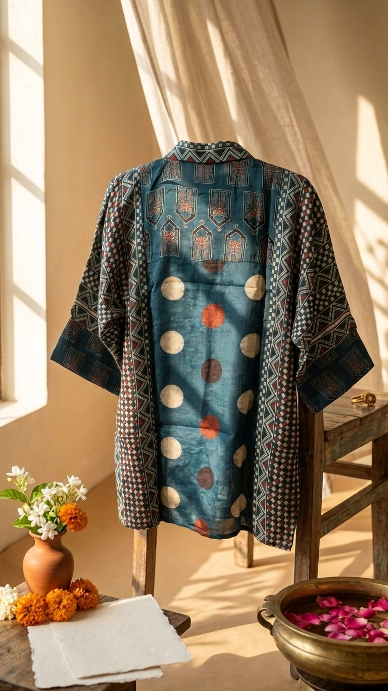 Ajrakh Blue Crepe Shirt