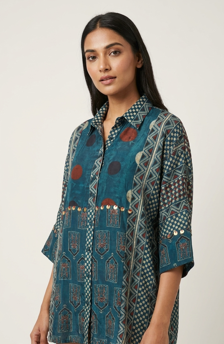 Ajrakh Blue Crepe Shirt