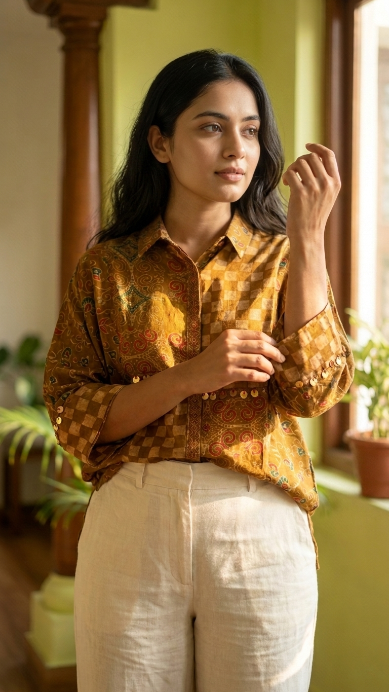 Ajrakh Mustard Crepe Shirt
