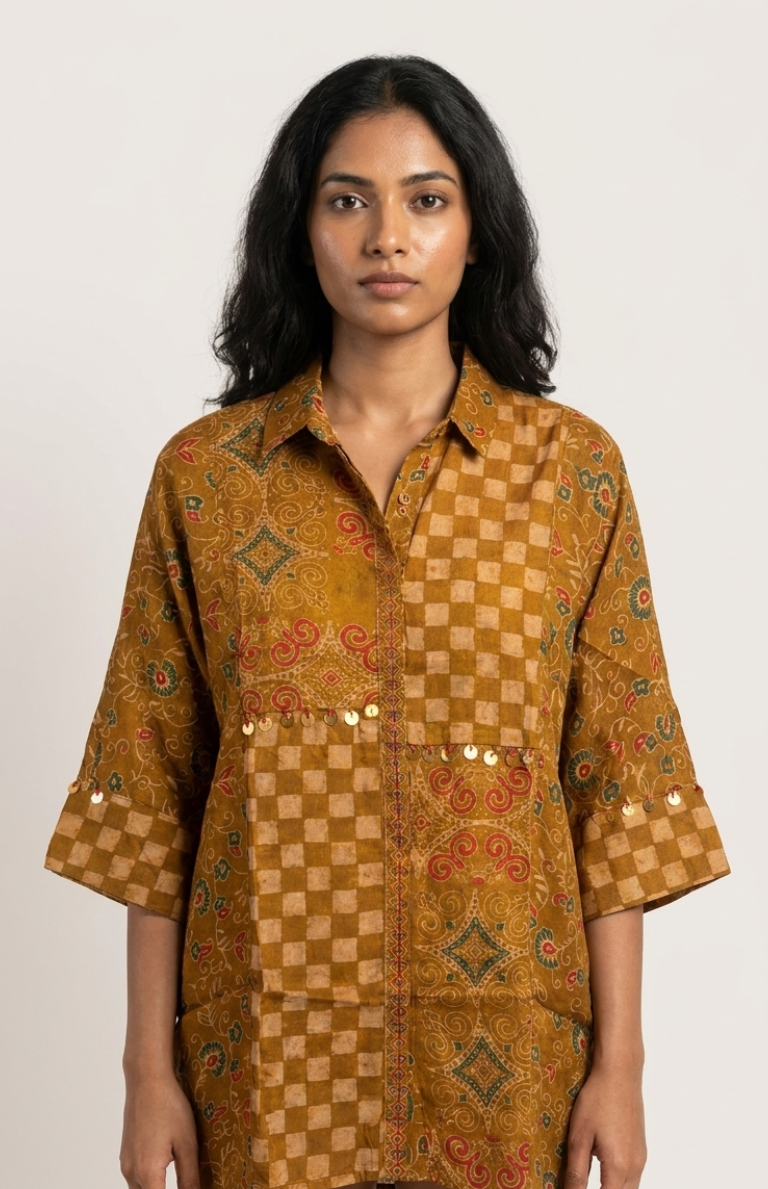 Ajrakh Mustard Crepe Shirt