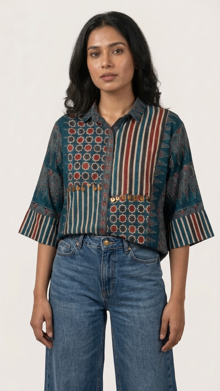 Ajrakh Blue Geometric Crepe Shirt