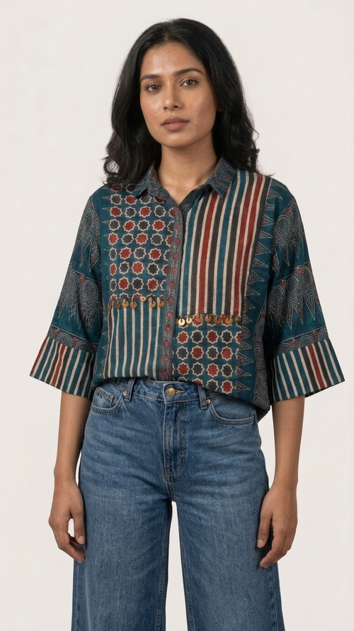 Ajrakh Blue Geometric Crepe Shirt