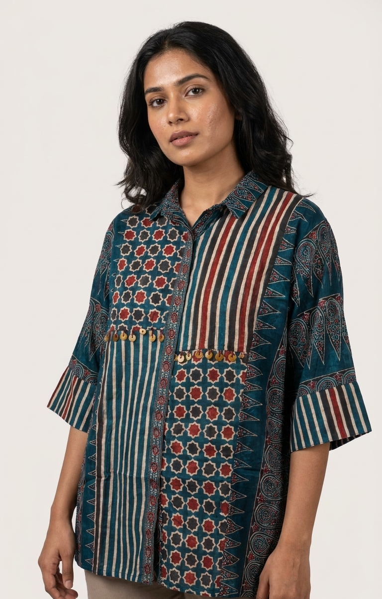 Ajrakh Blue Geometric Crepe Shirt