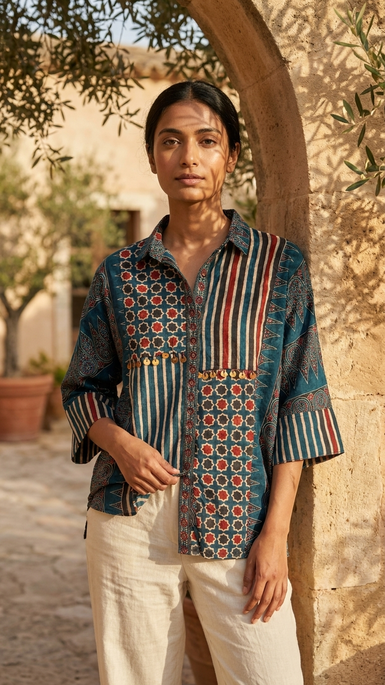 Ajrakh Blue Geometric Crepe Shirt