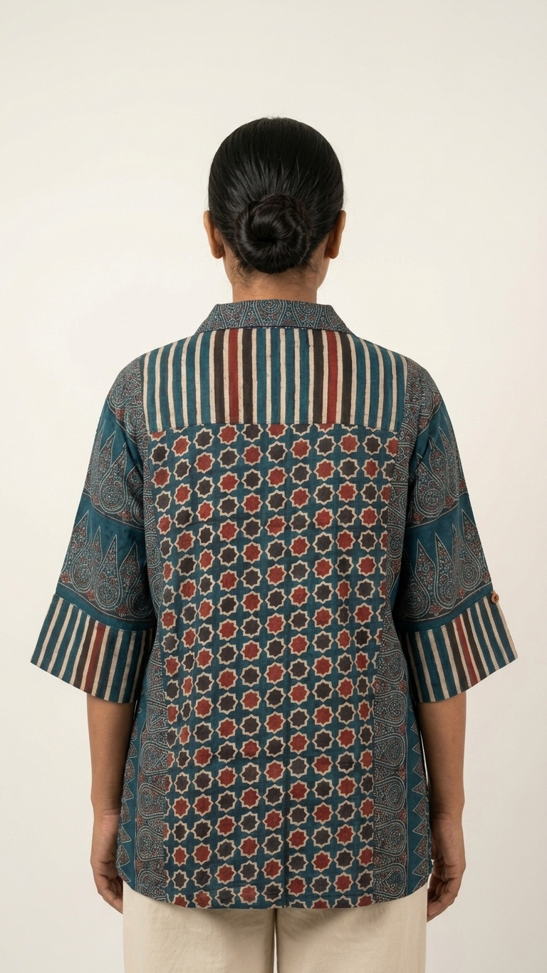 Ajrakh Blue Geometric Crepe Shirt