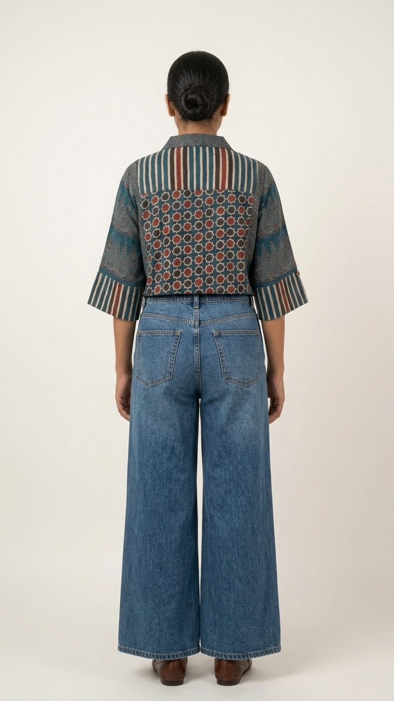 Ajrakh Blue Geometric Crepe Shirt