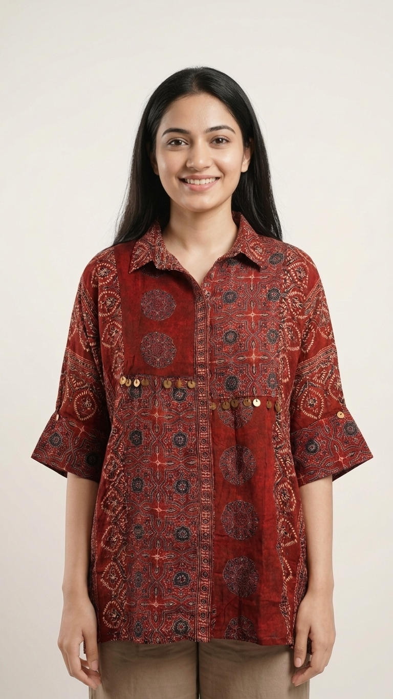 Ajrakh Red Crepe Shirt