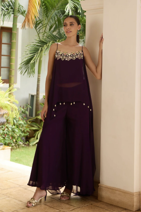Wine Mirror Handwork Georgette Co-Ord