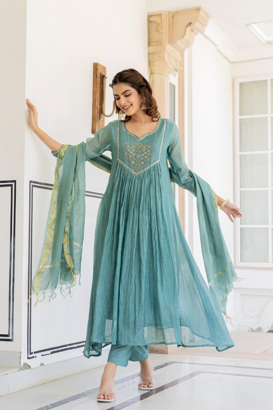 Sea Blue Mul Chanderi Set